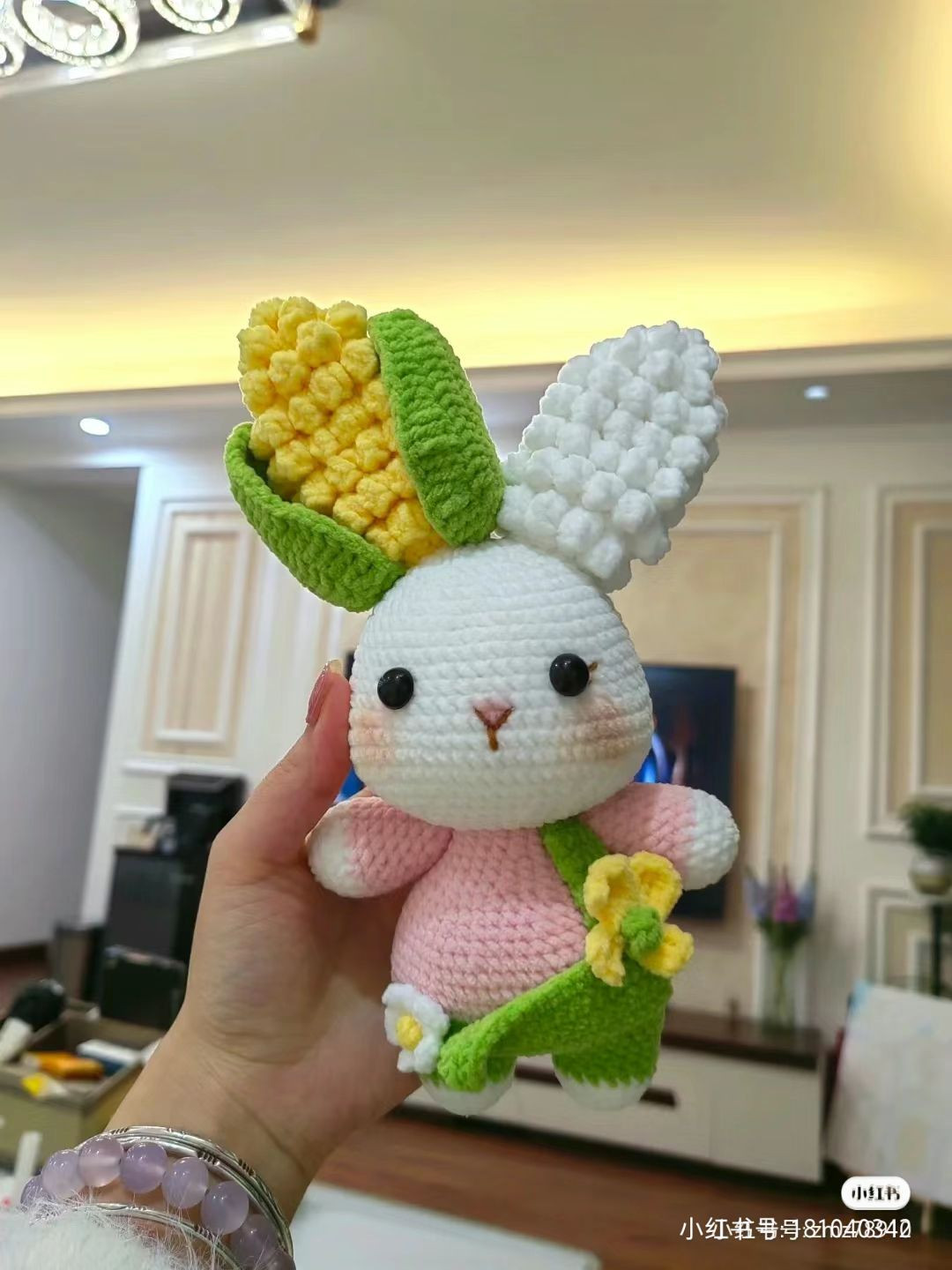Crochet Pattern for Corn Ears Bunny with Popcorn Stitch