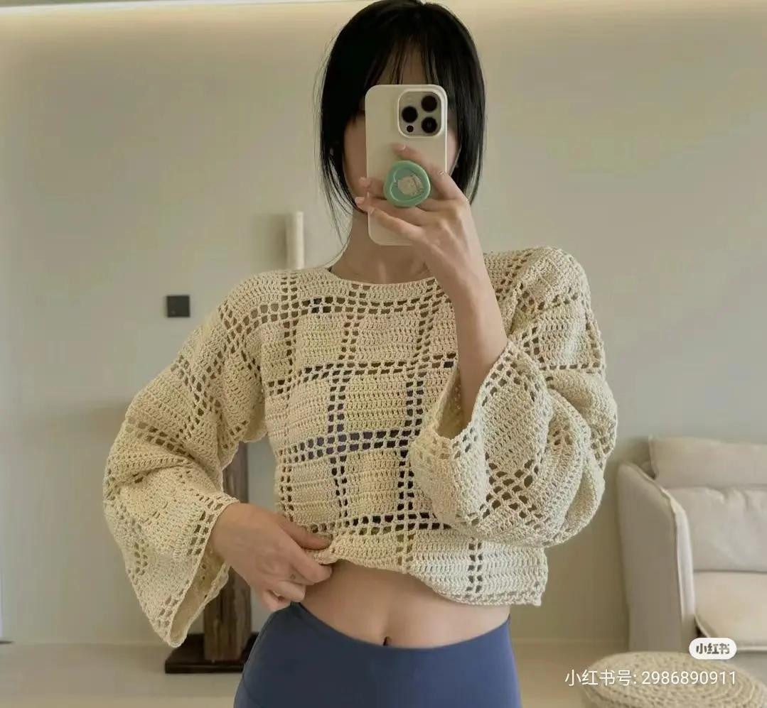 Crochet Pattern for Cream Openwork Long Sleeve Crop Top with Annie Cotton Yarn