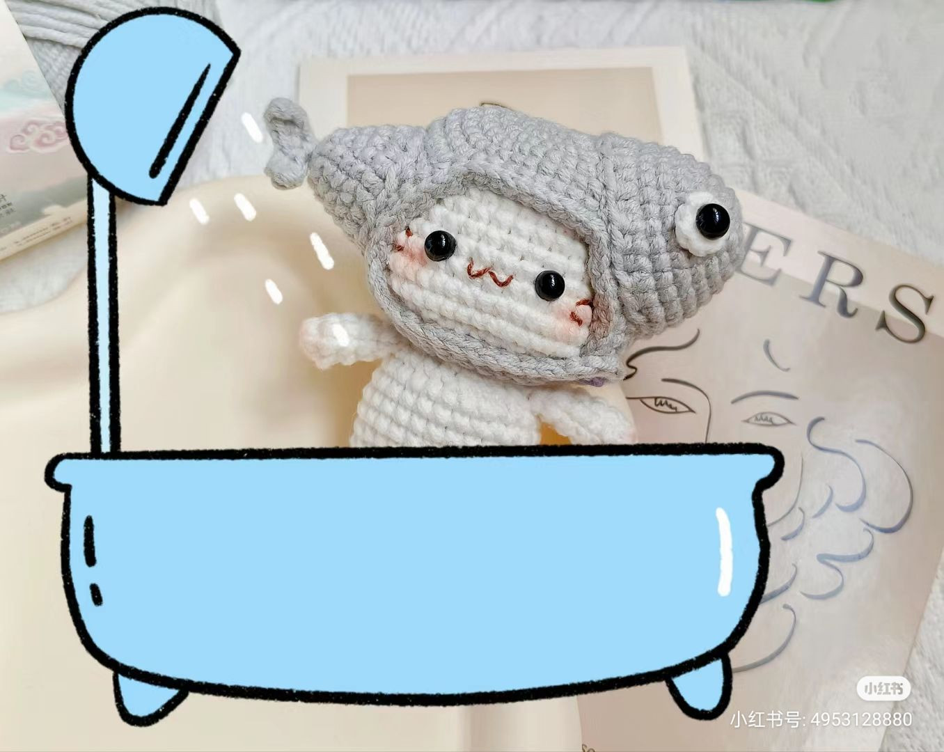 Crochet Pattern for Cute Amigurumi Doll in Grey Fish Hoodie