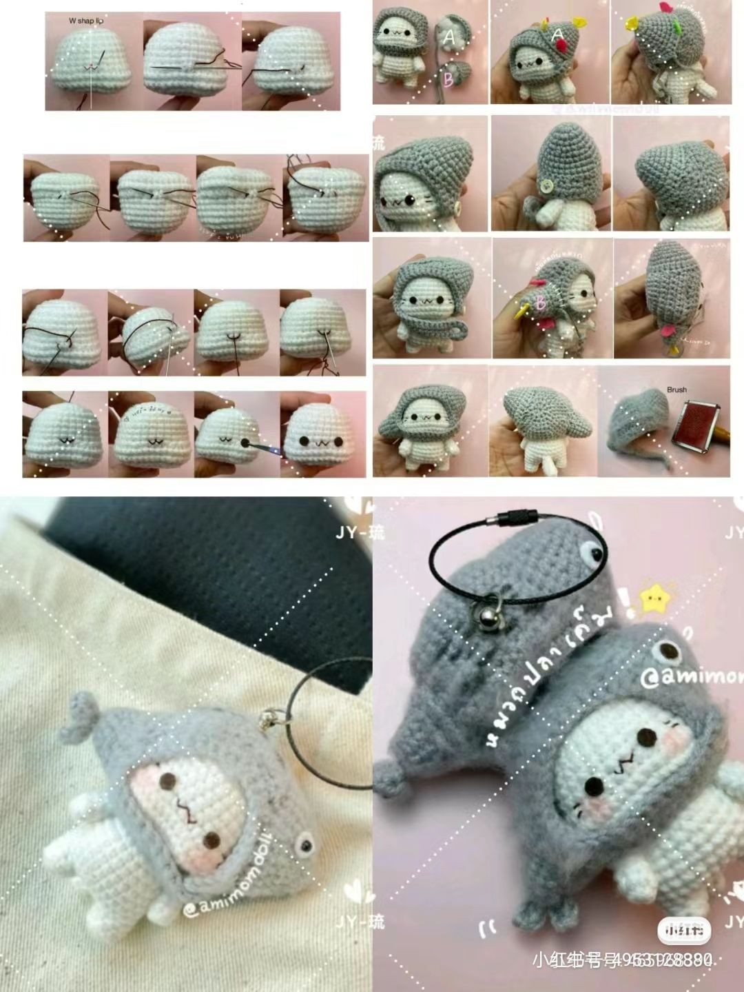 Crochet Pattern for Cute Amigurumi Doll in Grey Fish Hoodie