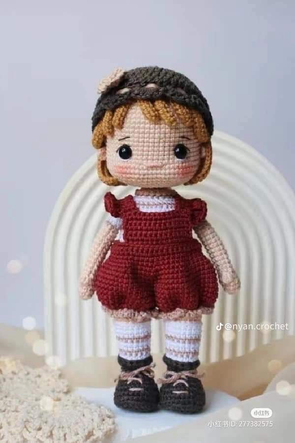 Crochet Pattern for Cute Amigurumi Doll with Red Overalls