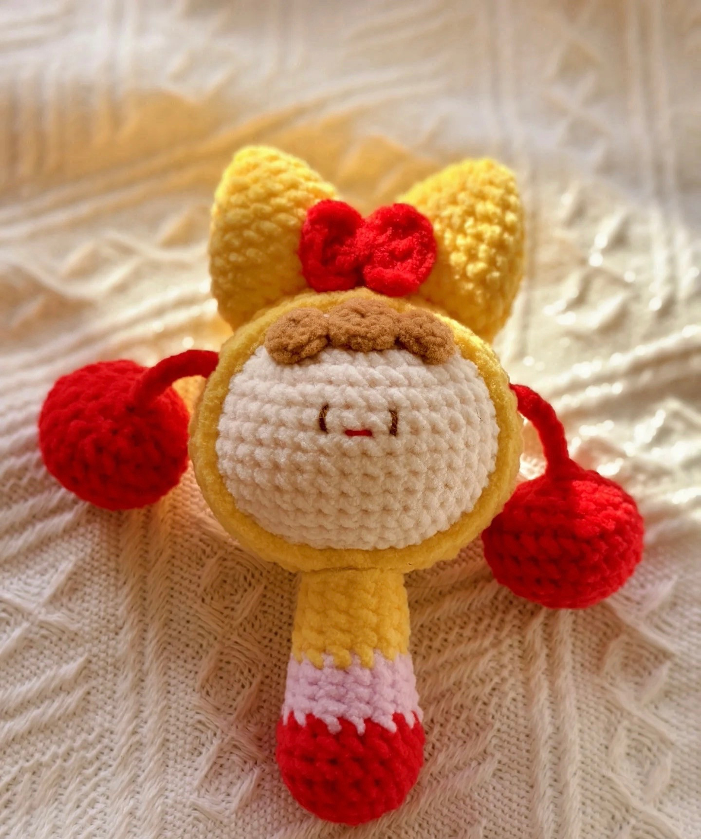 Crochet Pattern for Cute Baby Rattle Doll with Bunny Ears and Bow