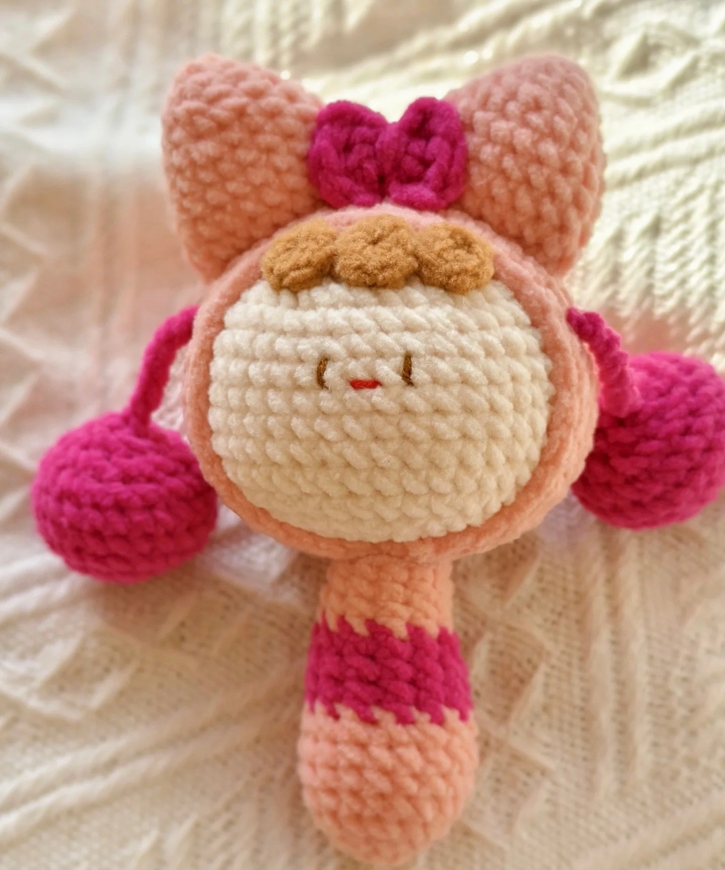 Crochet Pattern for Cute Baby Rattle Doll with Bunny Ears and Bow