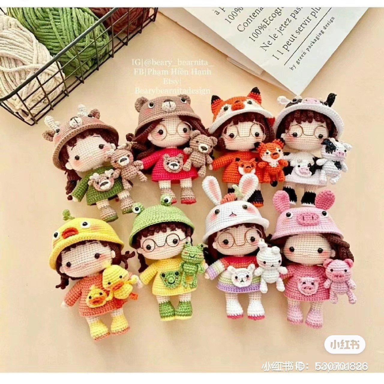 Crochet pattern for cute bear girl doll with matching accessories