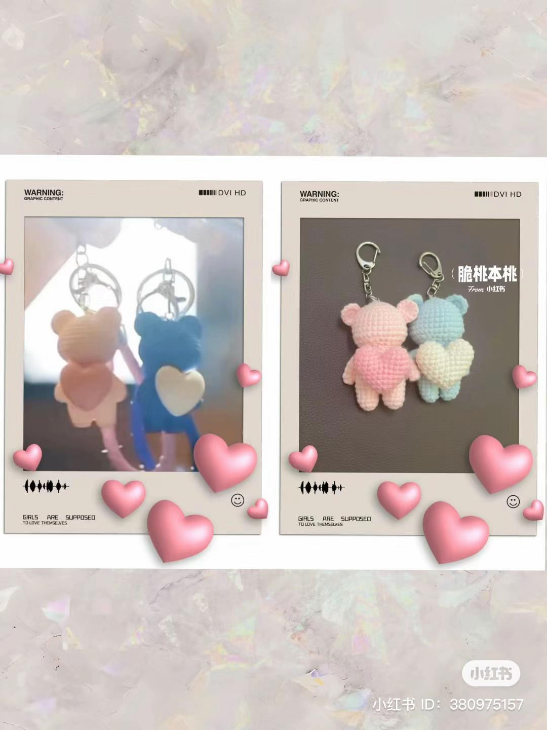 Crochet pattern for cute bear keychains with hearts