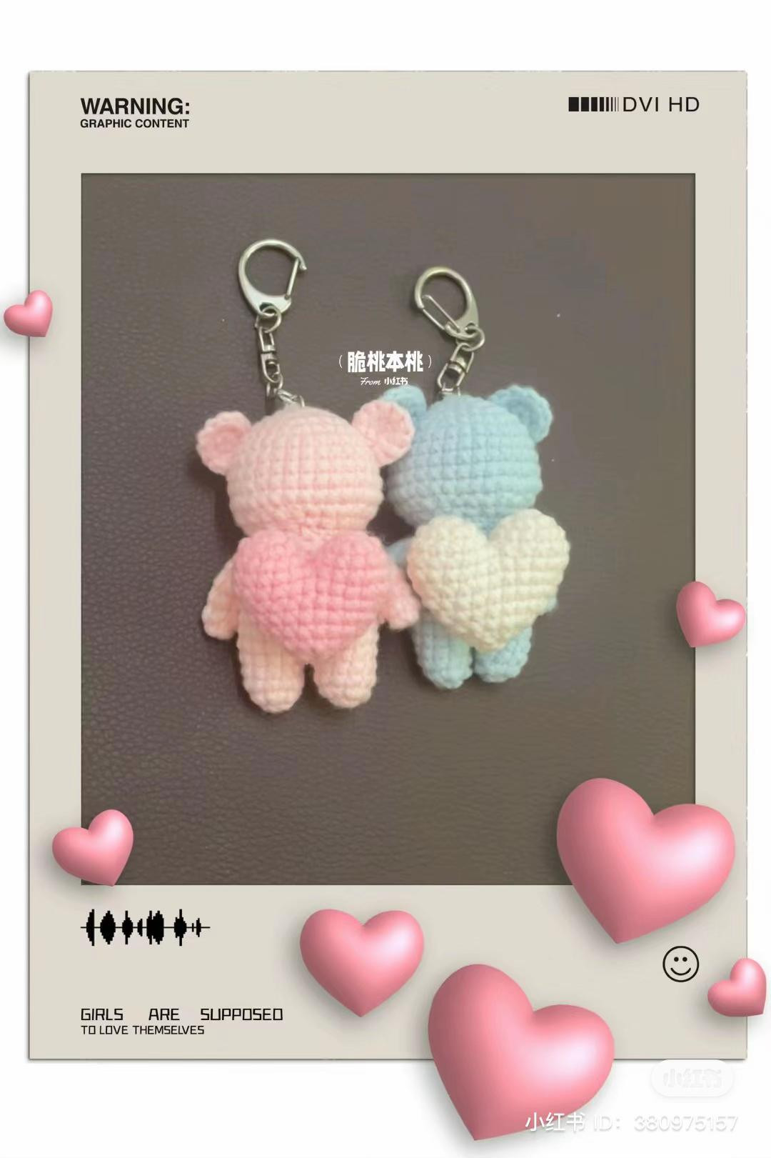 Crochet pattern for cute bear keychains with hearts