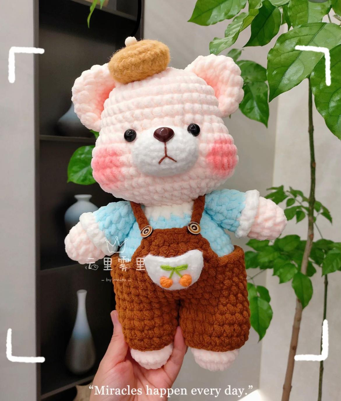Crochet Pattern for Cute Big Bear with Overalls and Cherry Pocket