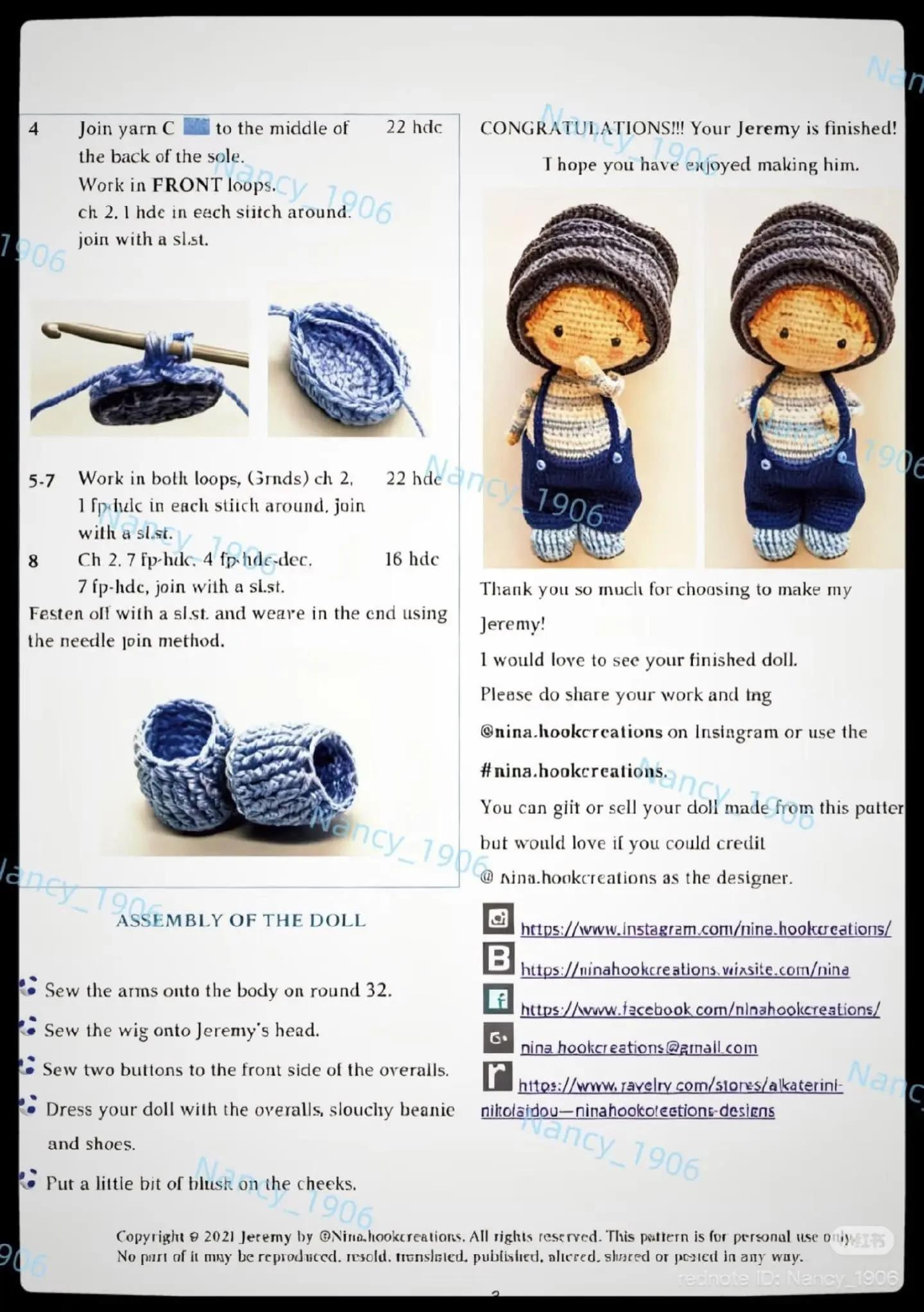 Crochet Pattern for Cute Boy Amigurumi Dolls with Overalls and Beanies