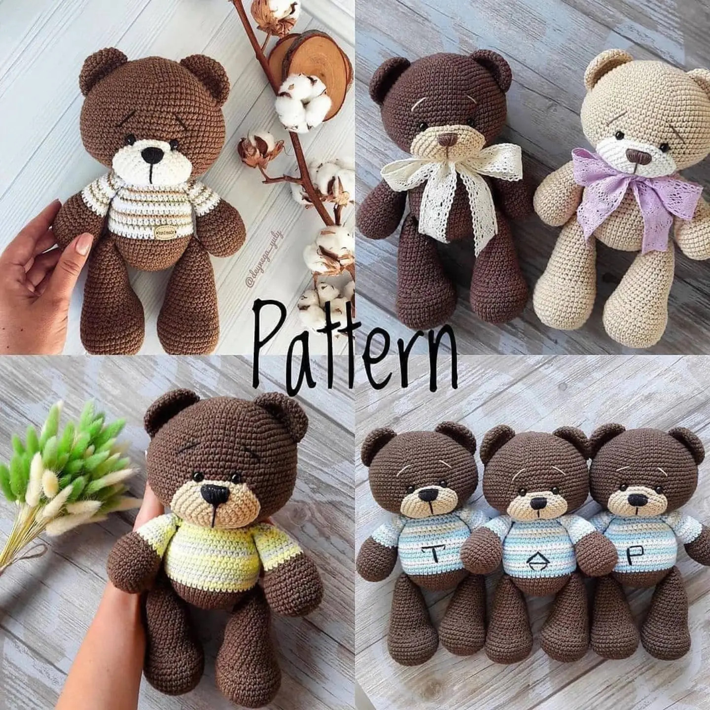 Crochet Pattern for Cute Brown Teddy Bear with Striped Shirt and Bow Tie Accessories
