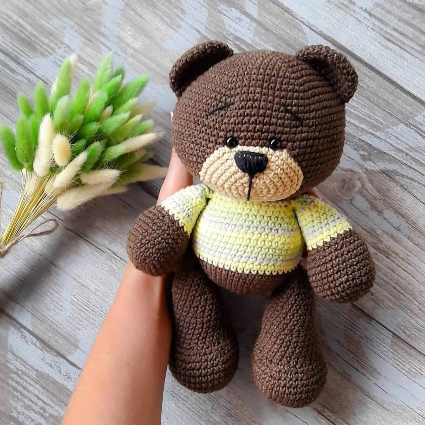 Crochet Pattern for Cute Brown Teddy Bear with Striped Shirt and Bow Tie Accessories