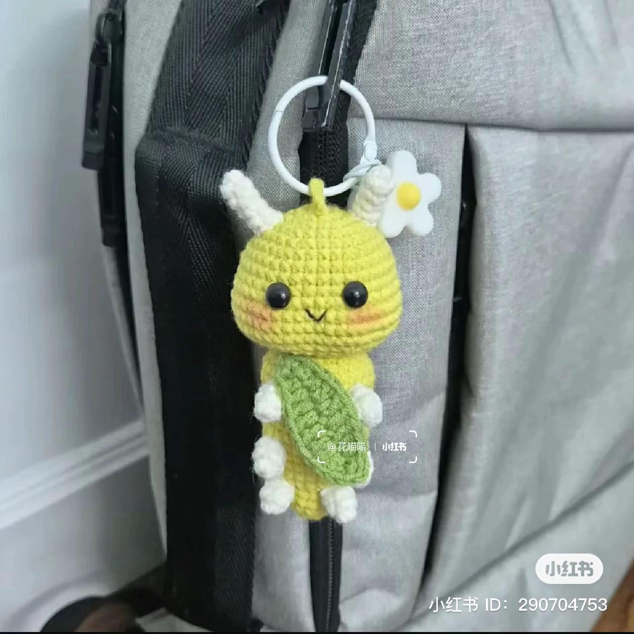 Crochet Pattern for Cute Caterpillar Amigurumi Keychain with Leaf