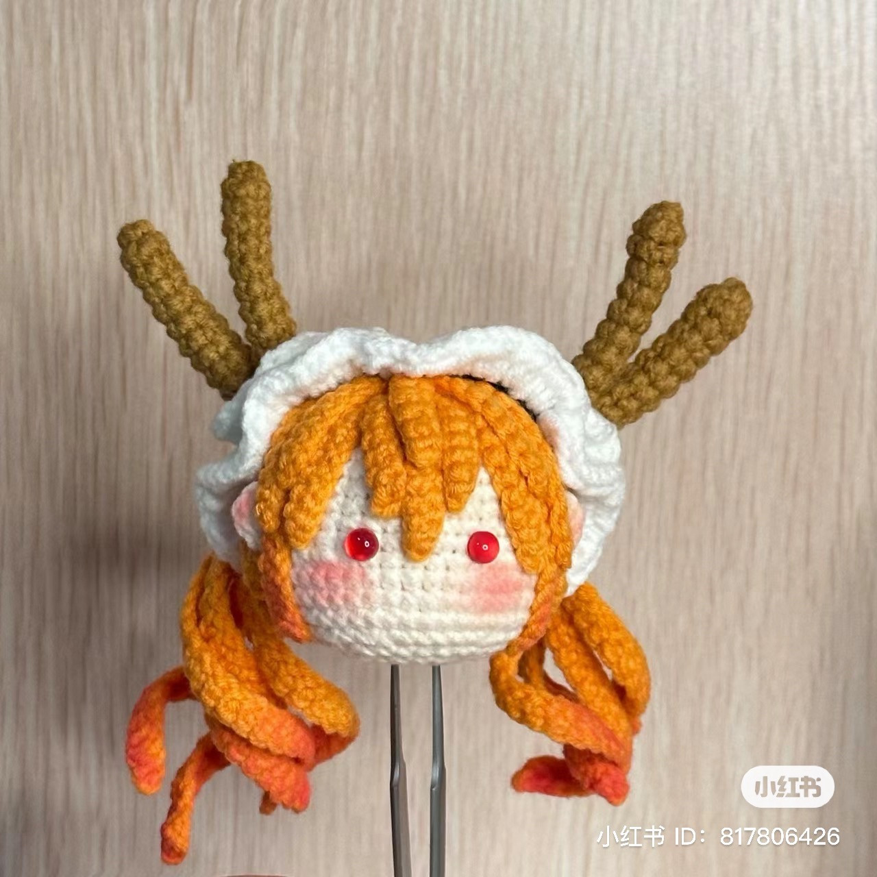 Crochet Pattern for Cute Deer Girl Head with Orange Hair and Antlers