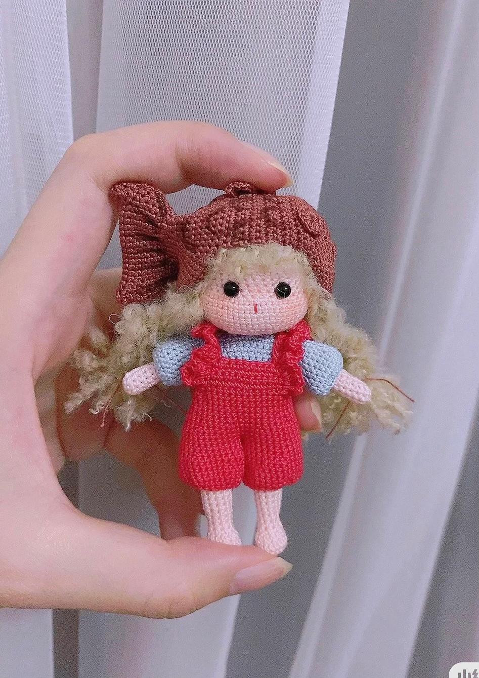 Crochet Pattern for Cute Fairy Amigurumi Doll with Red Overalls and Brown Wings