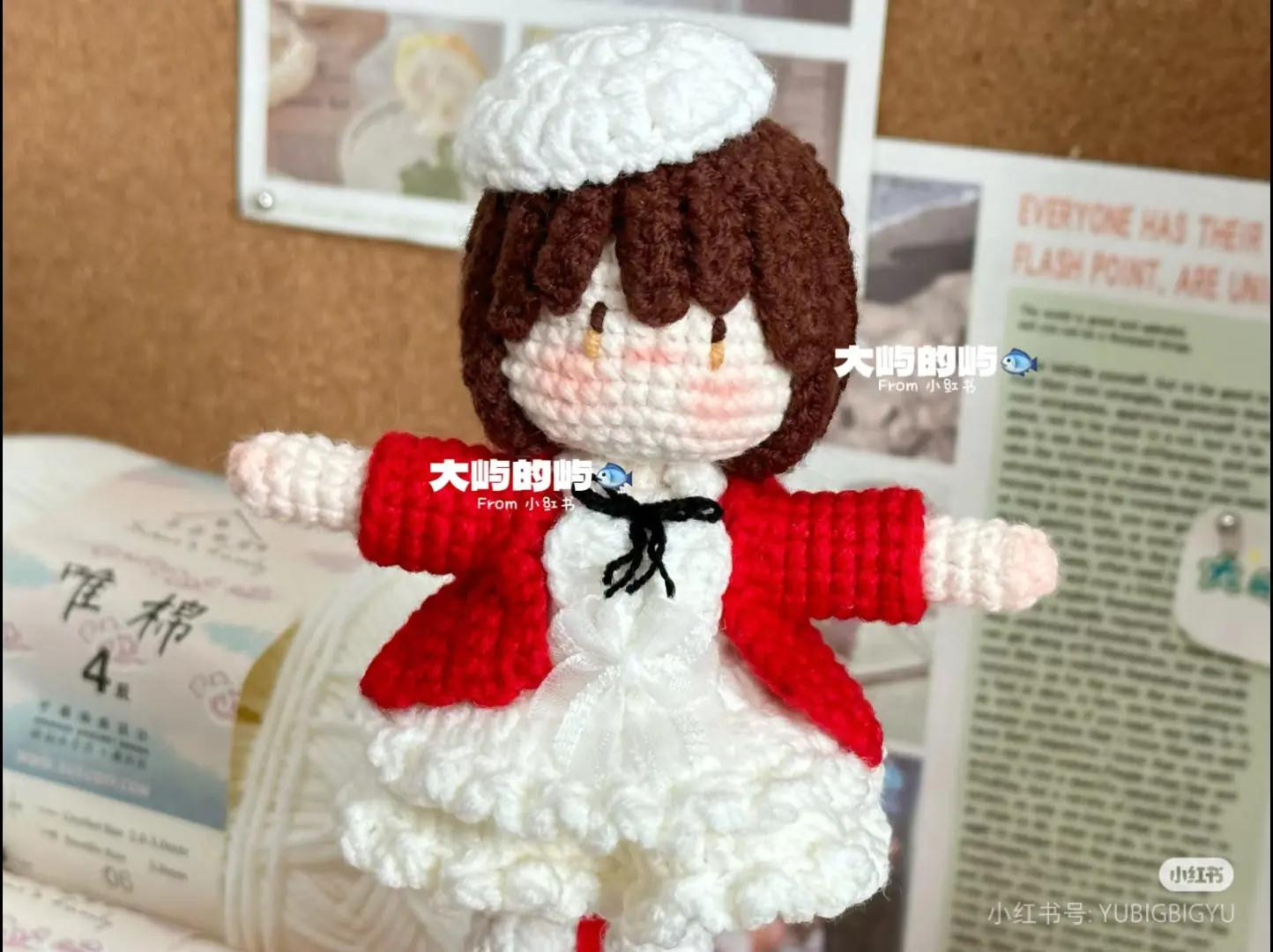 Crochet Pattern for Cute Girl Doll in Red Cardigan and White Dress