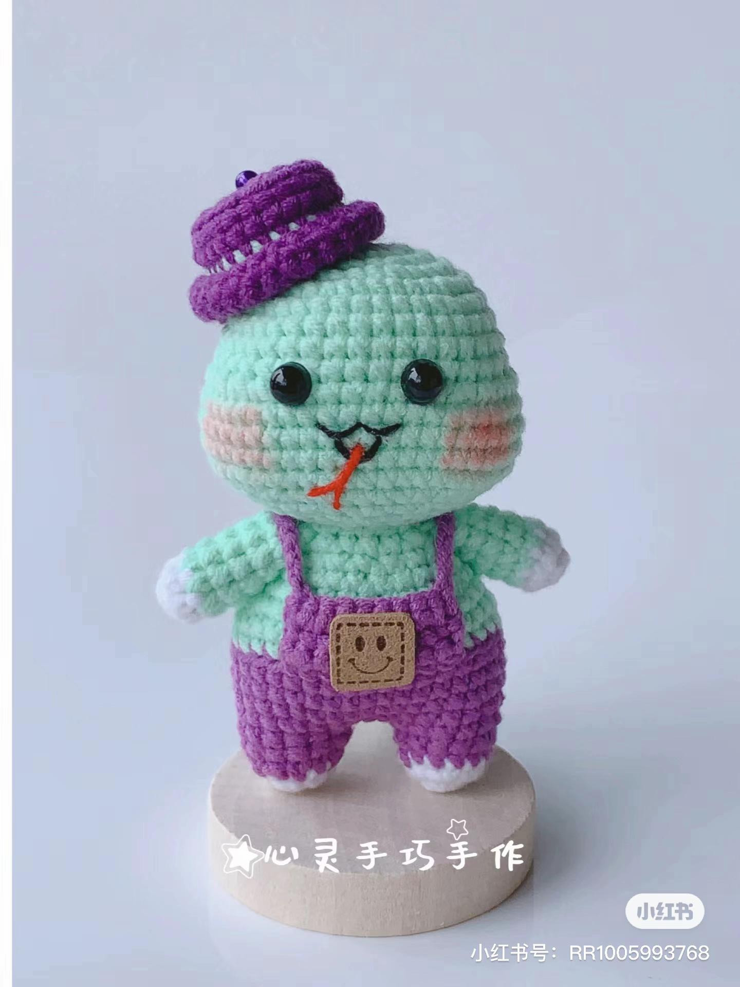 Crochet Pattern for Cute Green Snake Doll with Purple Hat