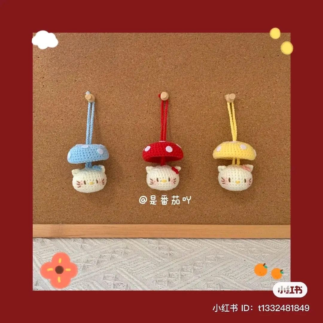 Crochet pattern for cute Hello Kitty mushroom amigurumi keychains