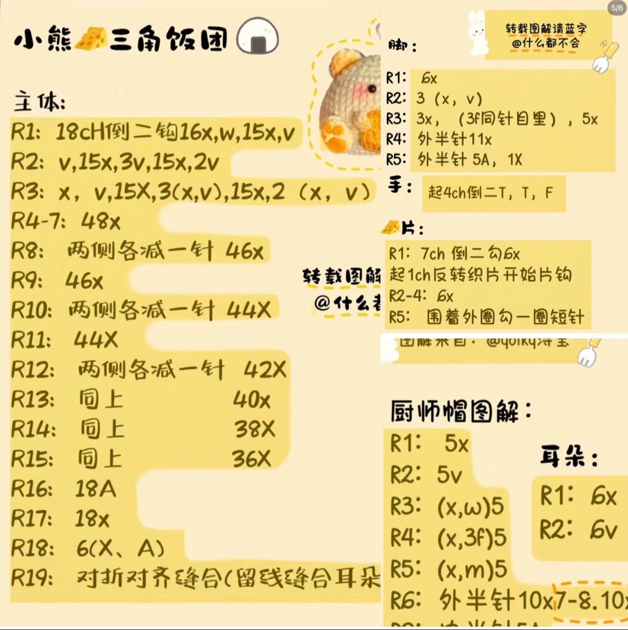 Crochet Pattern for Cute Little Bear Chef Rice Ball Amigurumi with Instructions