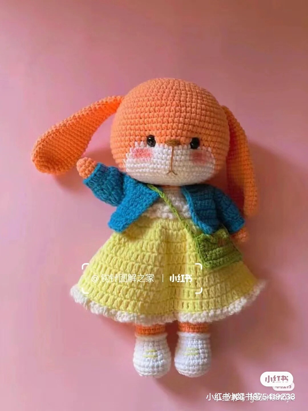 Crochet Pattern for Cute Orange Bunny Doll with Yellow Dress and Blue Jacket