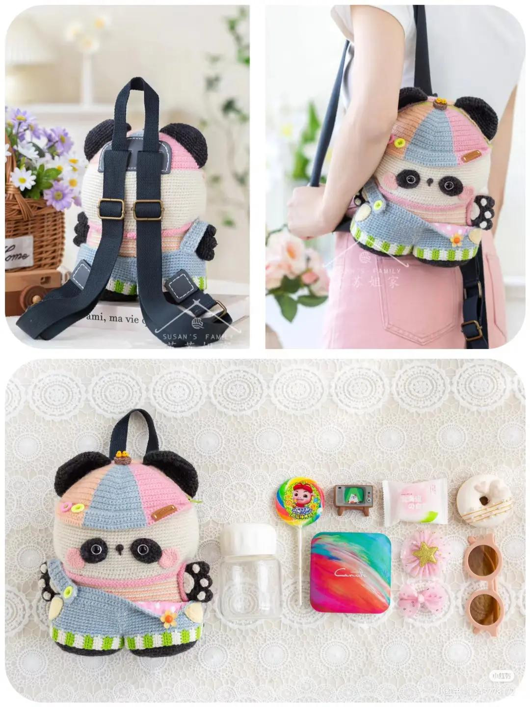 Crochet Pattern for Cute Panda Backpack Bag with Colorful Hat and Overalls