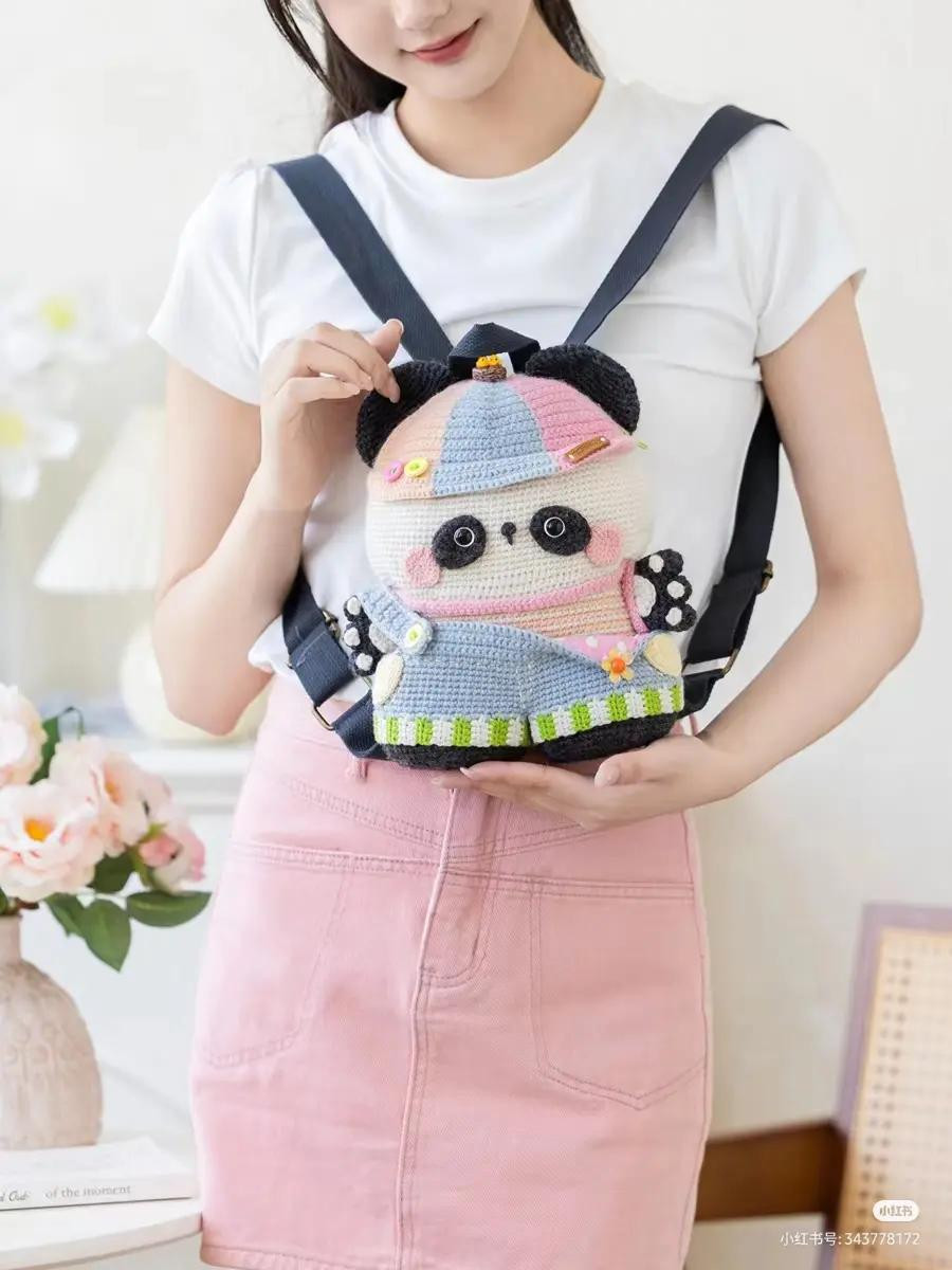 Crochet Pattern for Cute Panda Backpack Bag with Colorful Hat and Overalls