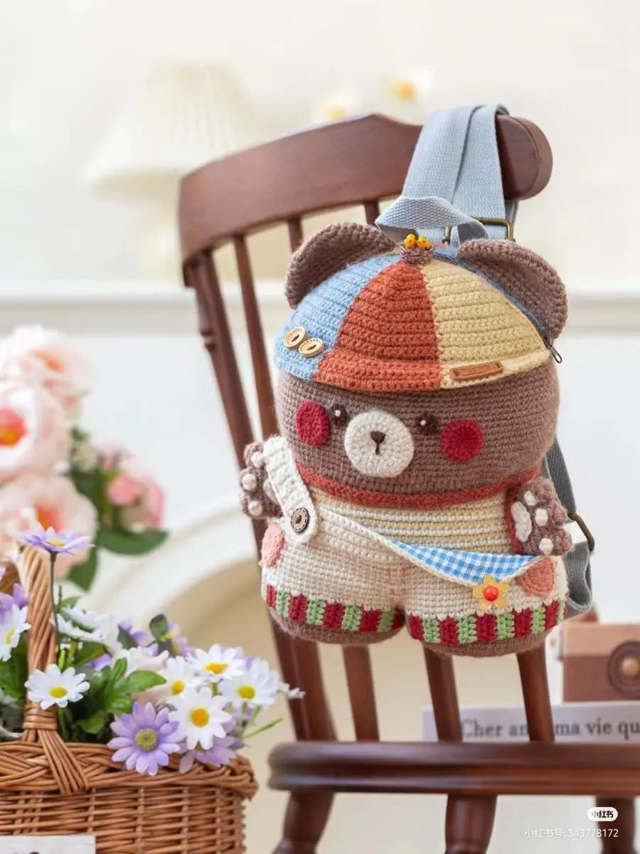 Crochet Pattern for Cute Panda Backpack Bag with Colorful Hat and Overalls