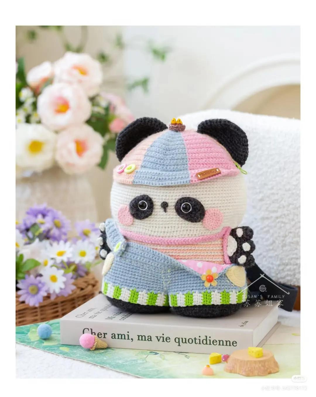 Crochet Pattern for Cute Panda Backpack Bag with Colorful Hat and Overalls