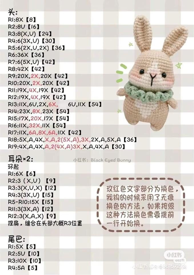 Crochet Pattern for Cute Pastel Bunny Doll with Carrot and Green Scarf - Step by Step Amigurumi Chart