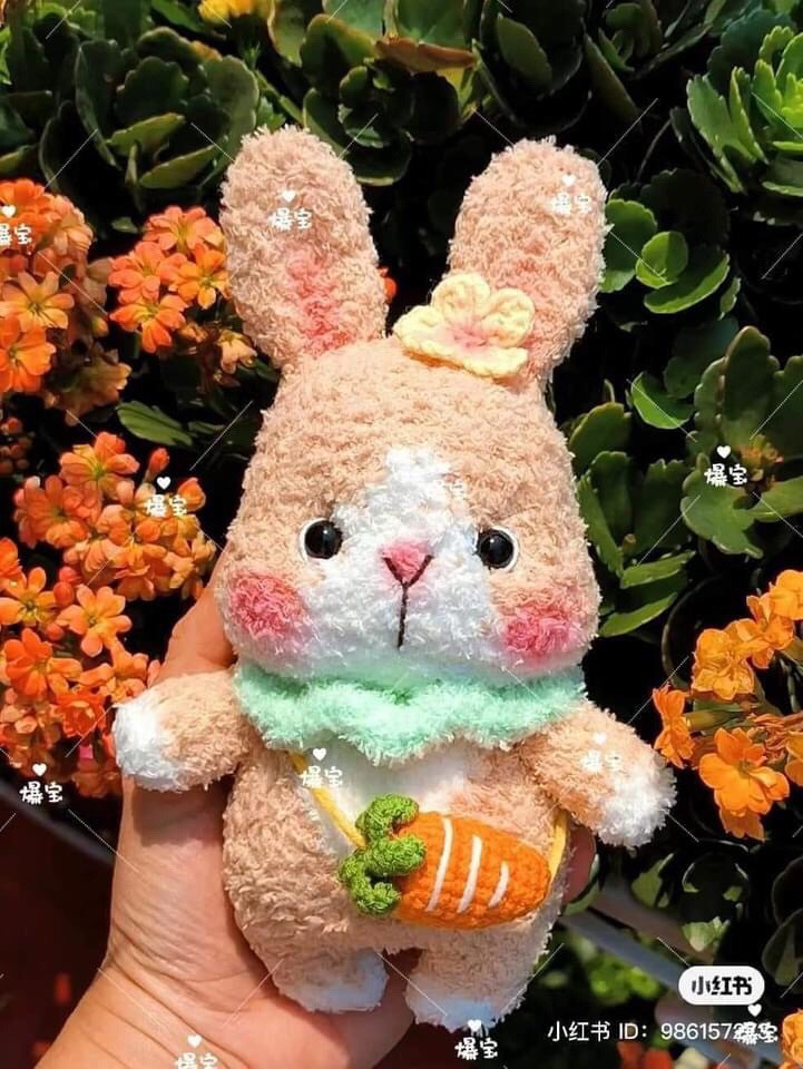 Crochet Pattern for Cute Pastel Bunny Doll with Carrot and Green Scarf - Step by Step Amigurumi Chart