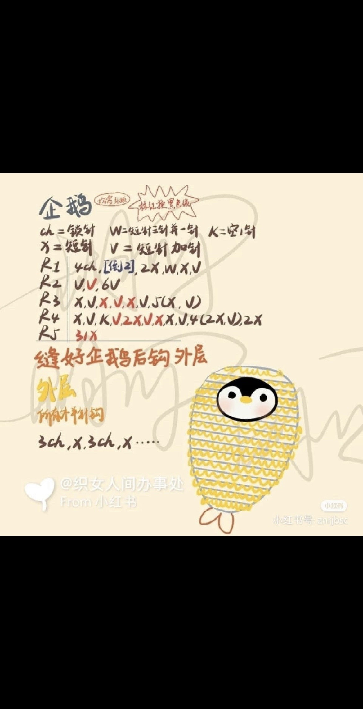 Crochet pattern for cute penguin in fried chicken costume