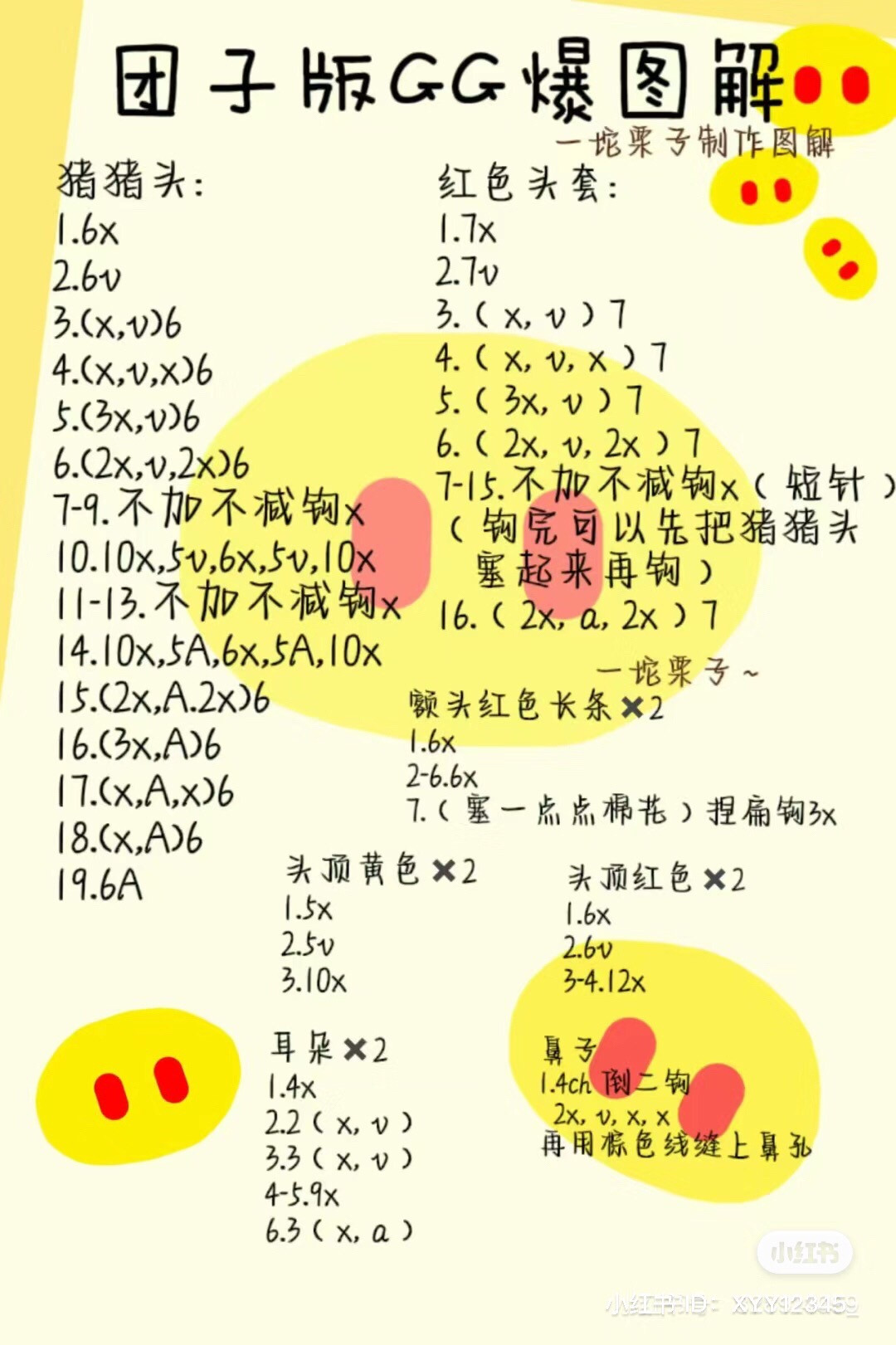 Crochet pattern for cute piggy head amigurumi with red hood