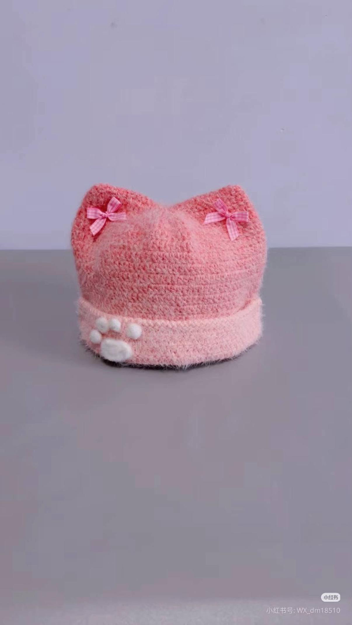 Crochet Pattern for Cute Pink Cat Ear Beanie with Paws