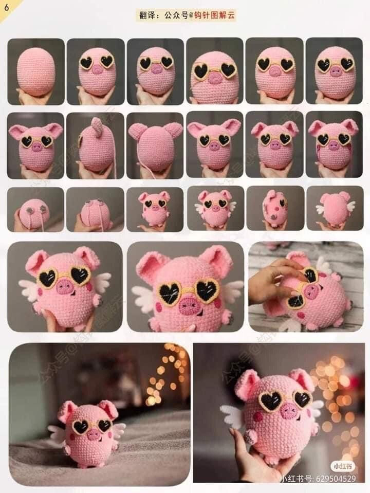 Crochet Pattern for Cute Pink Pig with Heart Sunglasses and Wings