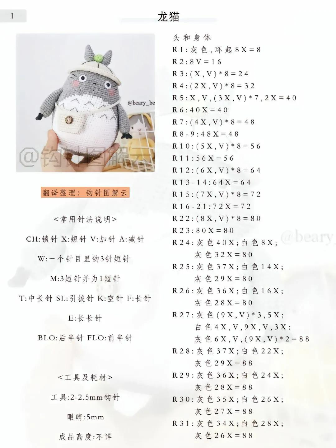 Crochet Pattern for Cute Totoro Amigurumi Doll with Hat and Bag