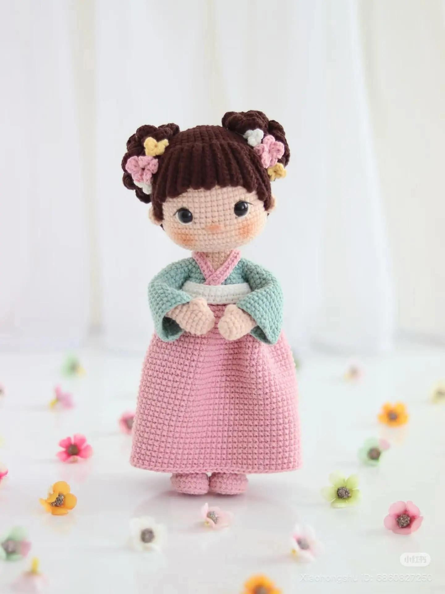 Crochet Pattern for Cute Traditional Dress Girl Doll with Flower Hair Buns
