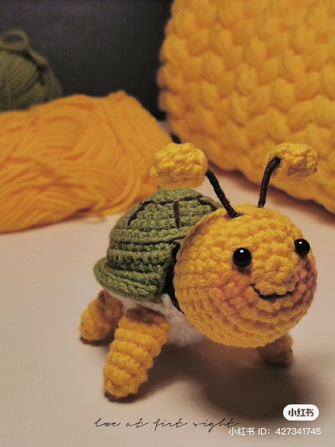 Crochet pattern for cute turtle bee amigurumi doll with green shell