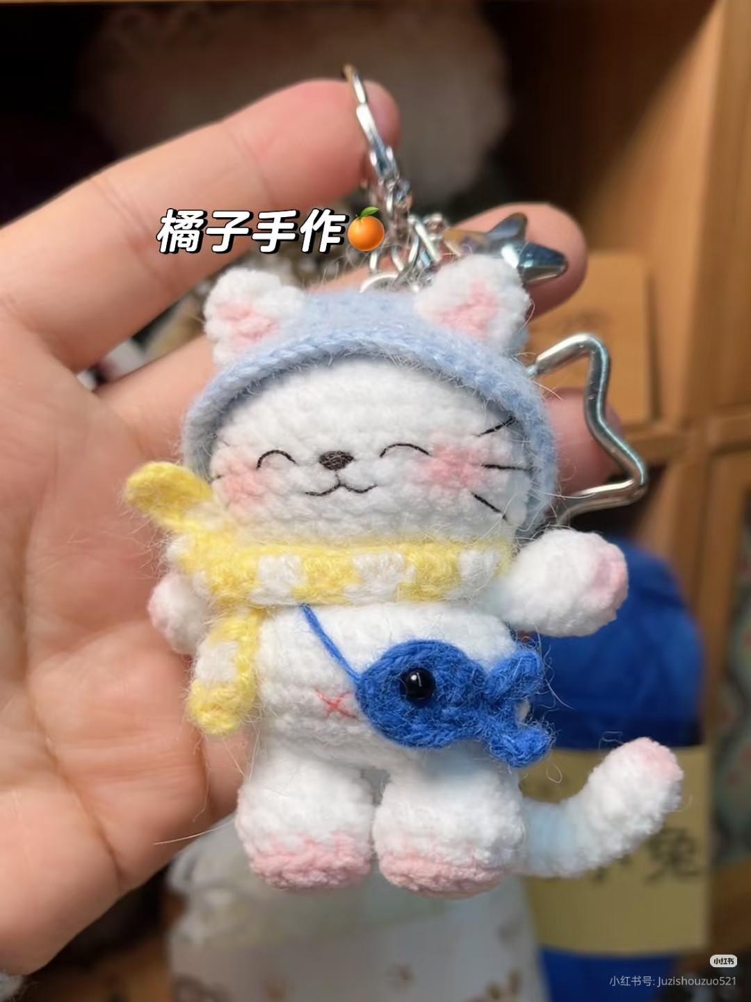 Crochet Pattern for Cute White Cat Amigurumi Keychain with Hat and Scarf