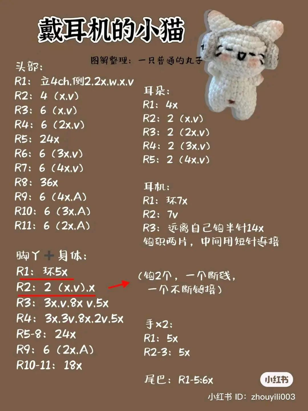 Crochet Pattern for Cute White Cat with Headphones