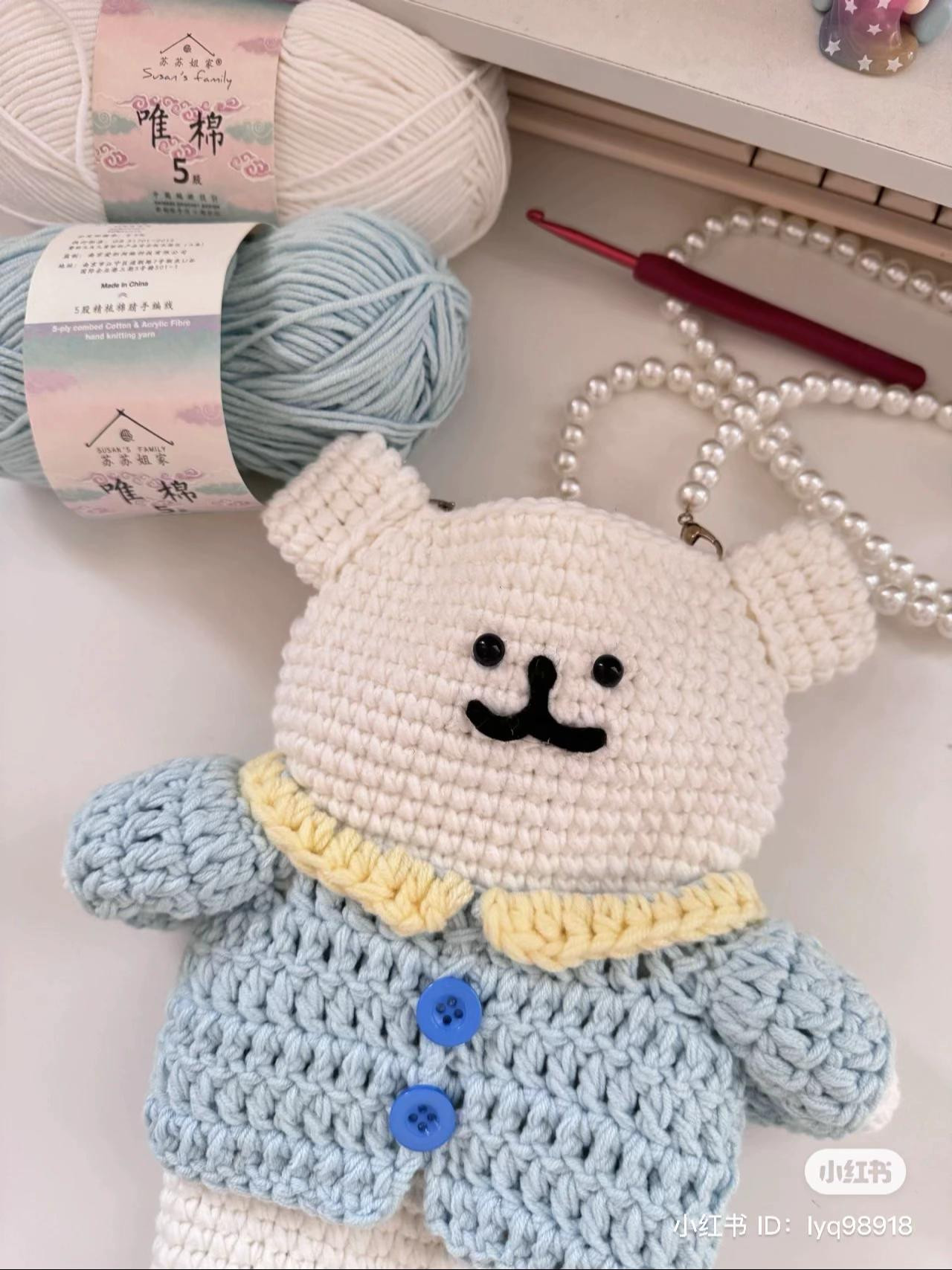 Crochet Pattern for Cute White Dog Jojo with Blue Jacket and Yellow Collar