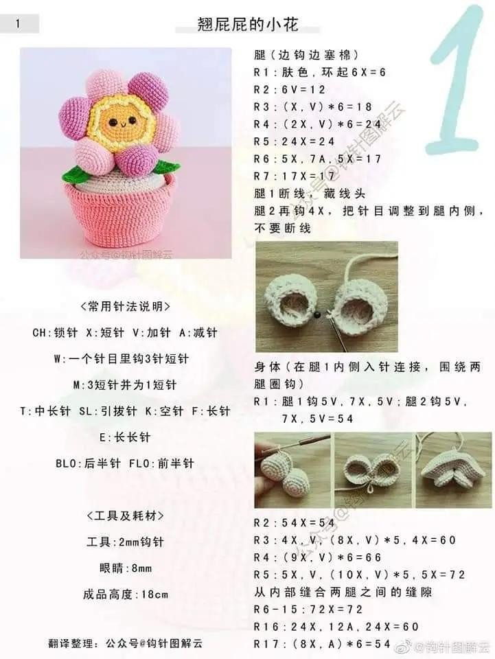 Crochet pattern for cute winking flower doll with butt