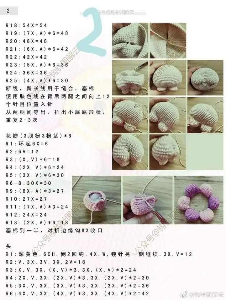 Crochet pattern for cute winking flower doll with butt