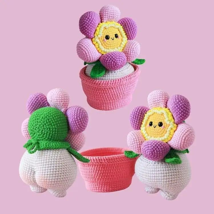Crochet pattern for cute winking flower doll with butt