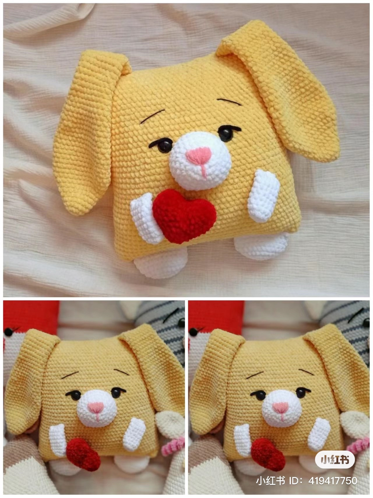 Crochet Pattern for Cute Yellow Rabbit Pillow Holding Red Heart
