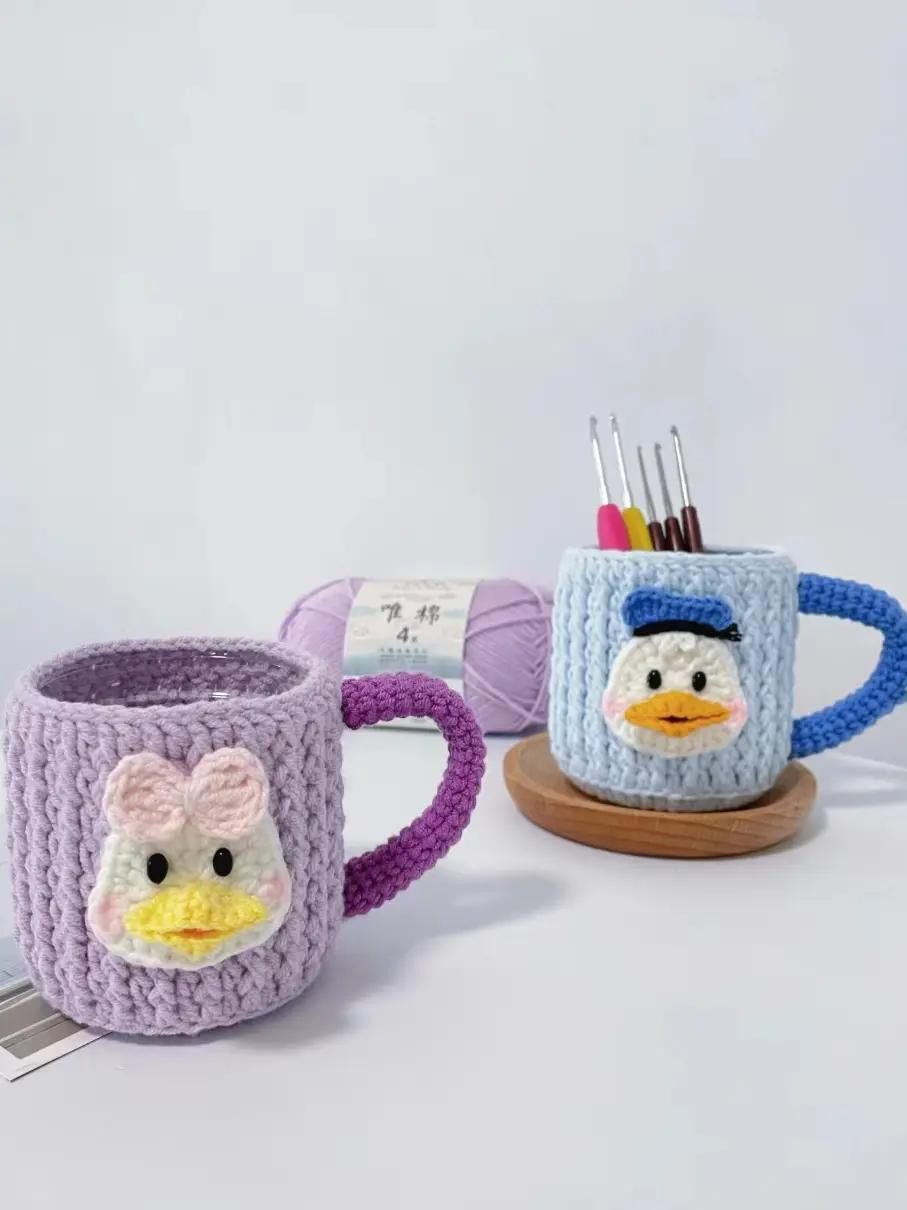 Crochet Pattern for Donald Duck and Daisy Duck Mug Cozies with Detailed Instructions