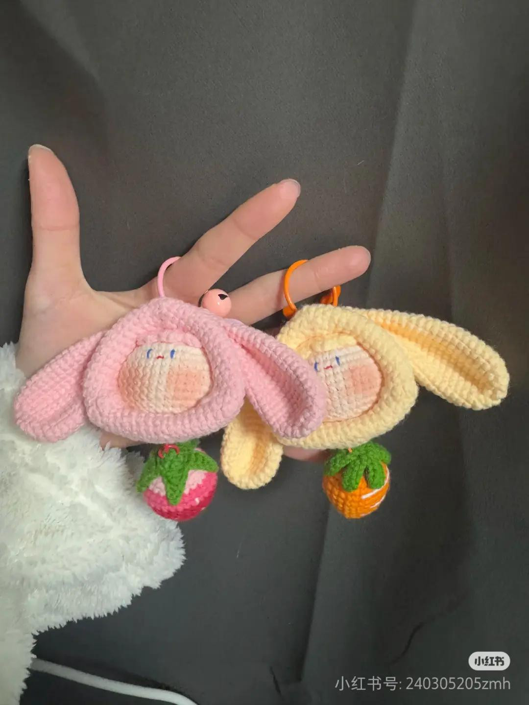 Crochet Pattern for Droopy Eared Carrot Rabbit Keychain with Strawberry Charm