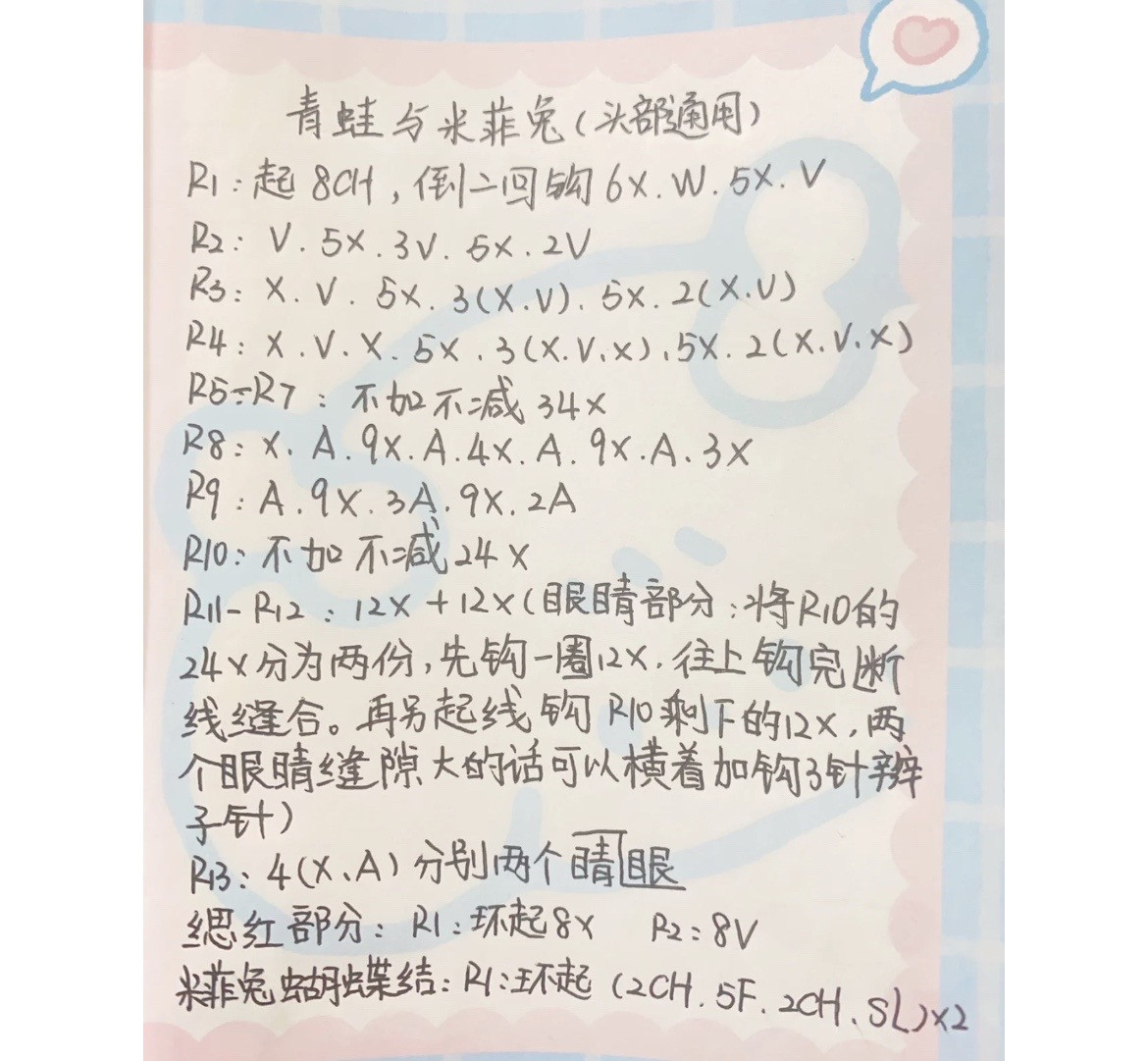 Crochet pattern for Frog and Miffy Rabbit head tutorial chart