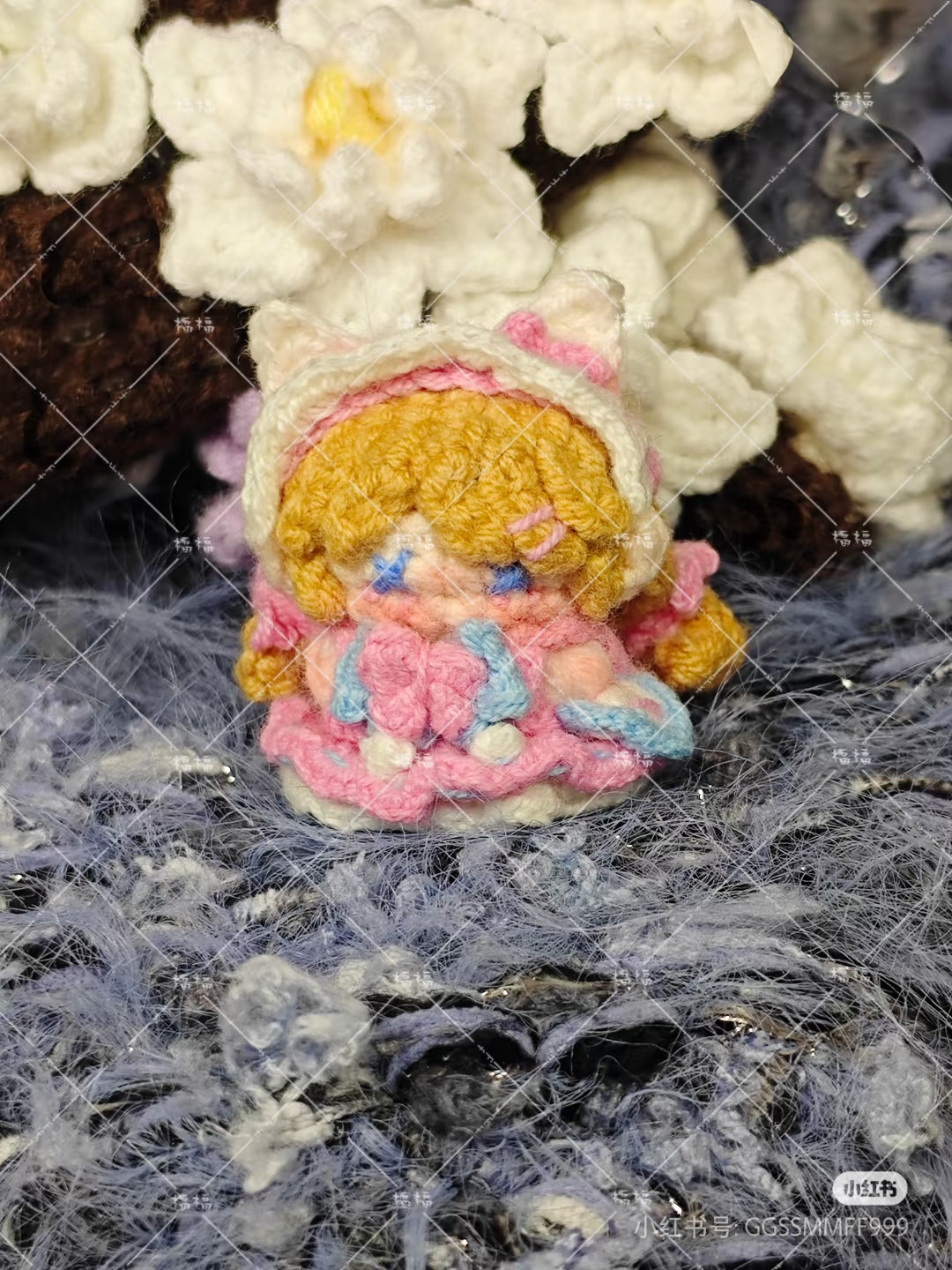 Crochet Pattern for Gardener Kitty Amigurumi Doll with Pink Dress and Cat Ears