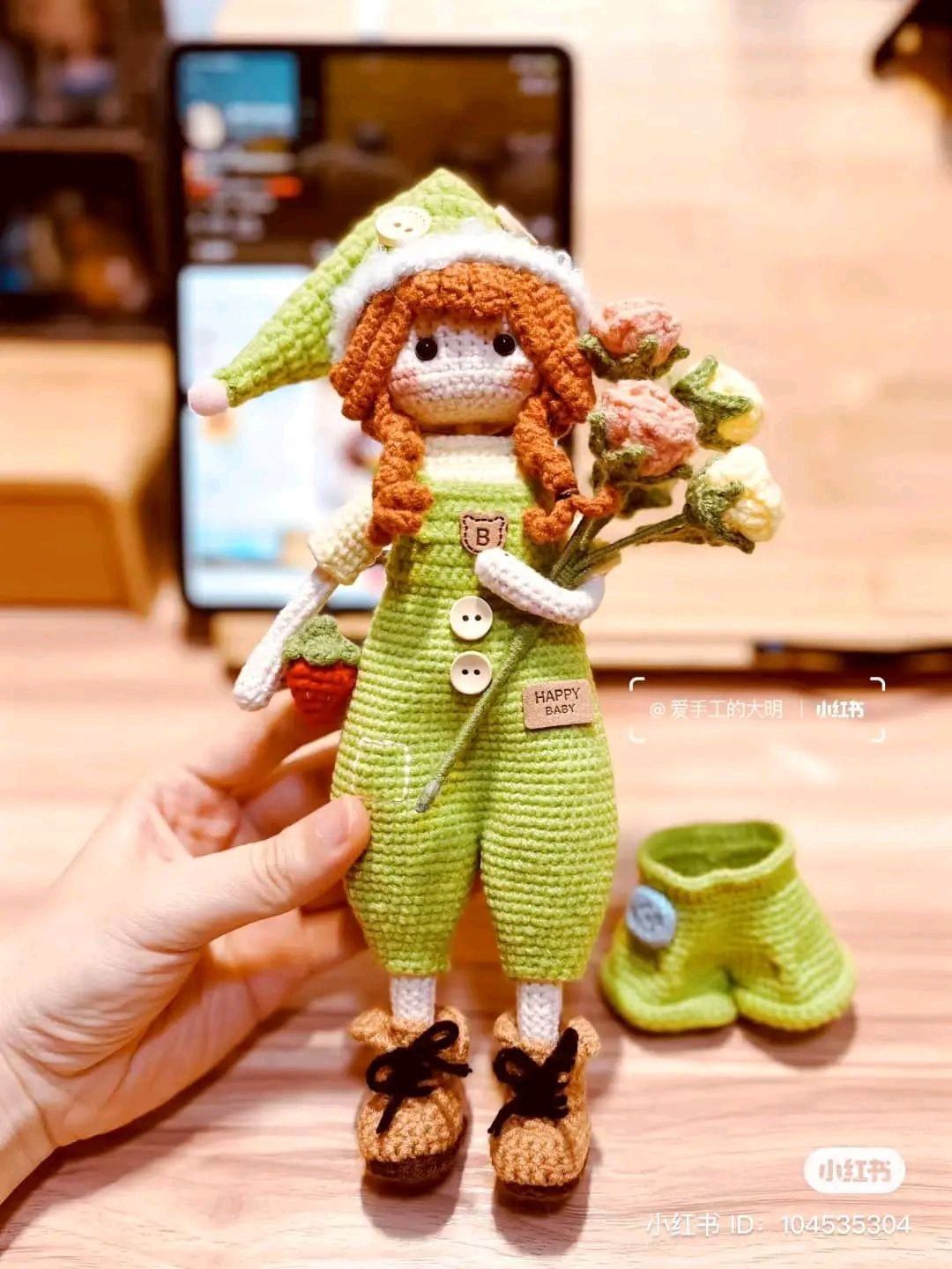 Crochet Pattern for Green Outfit Amigurumi Doll with Strawberry and Flowers