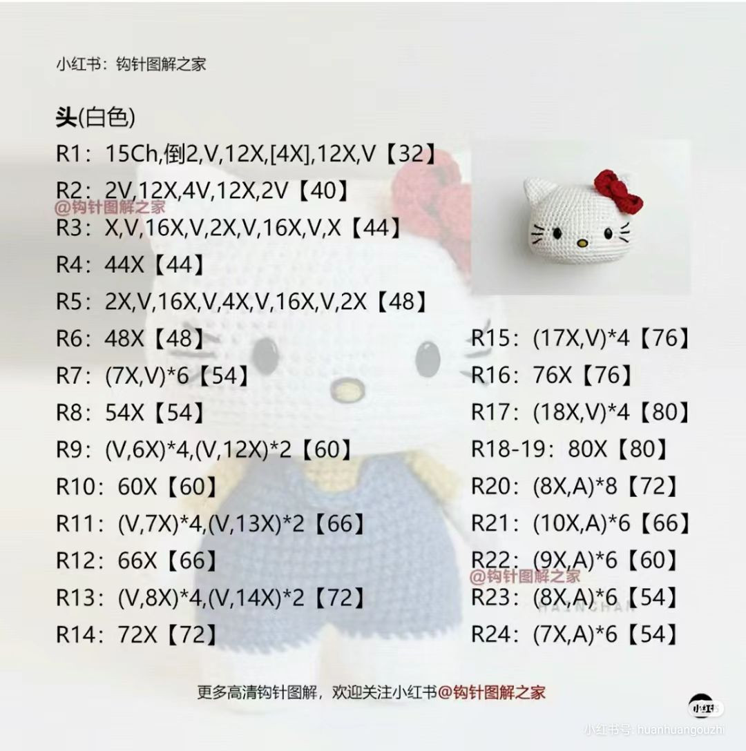 Crochet pattern for Hello Kitty amigurumi doll with blue overalls and red bow