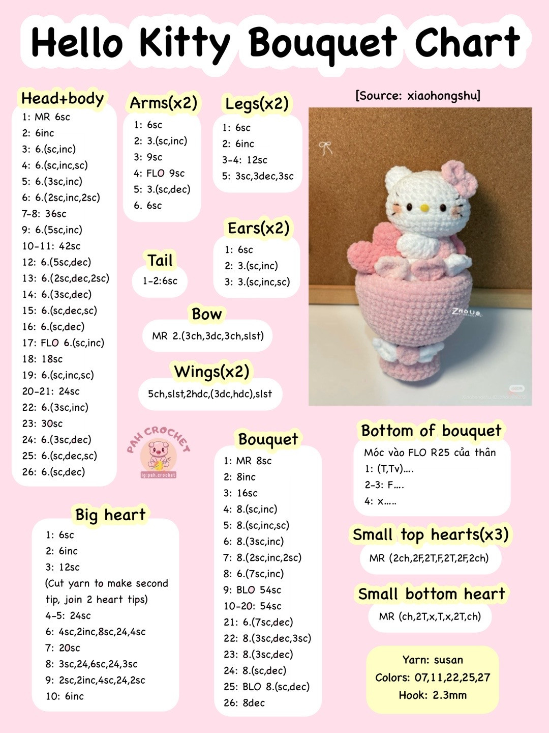 Crochet Pattern for Hello Kitty Bouquet Doll with Pink Hearts