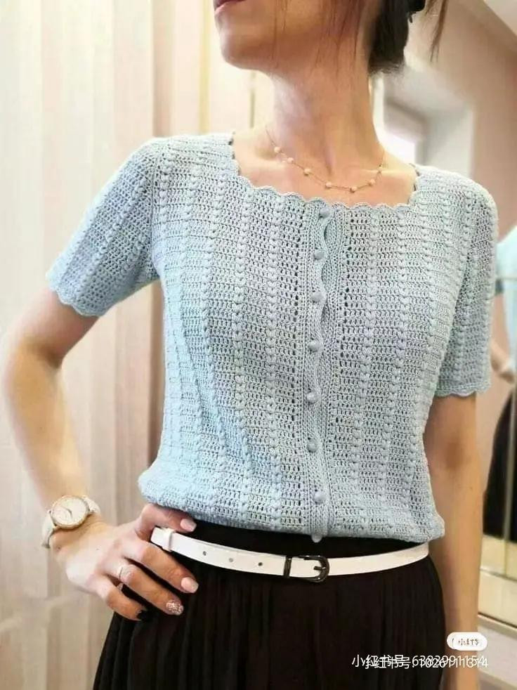 Crochet Pattern for Light Blue Short Sleeve Button-Up Top